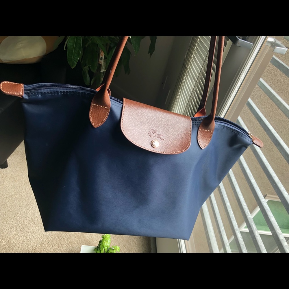 Navy Nylon Tote With Leather Handles